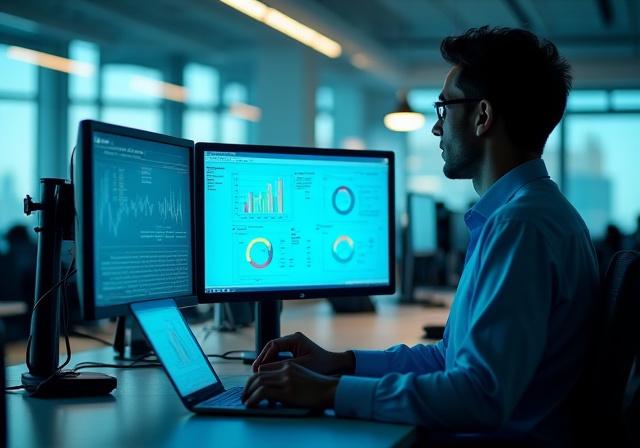 Analista profesional revisando matrices de riesgo en una oficina moderna