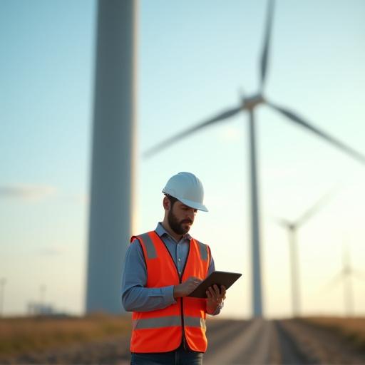 Ingeniero consultando tableta frente a base de turbina eólica, inspeccionando legalidad y seguridad